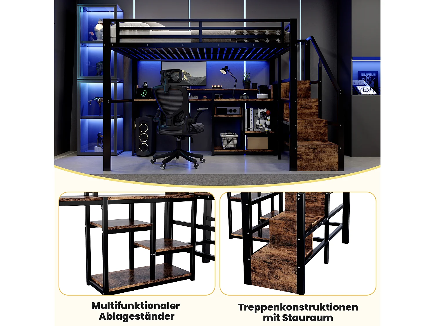 140 x 200 cm Metall-Hochbett mit Regalen, LED-Beleuchtung und USB- & Typ-C-Anschlüssen - Metall + MDF - Schwarz (Matratze nicht im Lieferumfang enthalten)