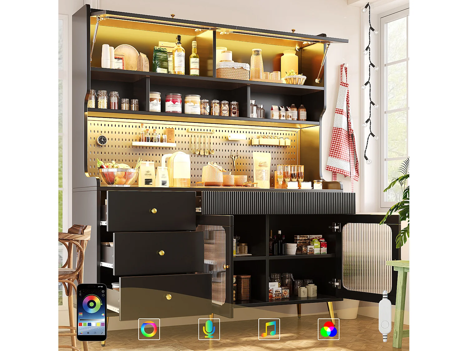 Buffet haut de cuisine avec LED, 2 portes relevables, 2 portes battantes et panneau perforé - MDF, métal et verre - 145x39x171 cm - Noir