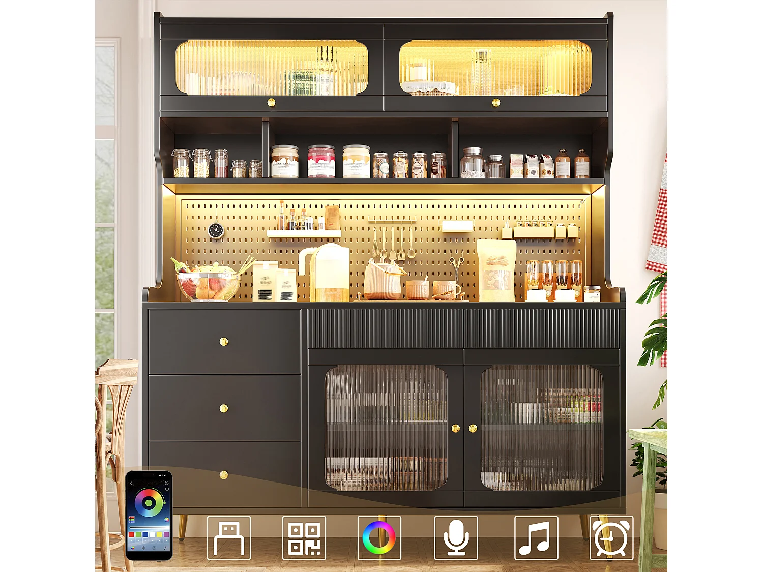 Buffet haut de cuisine avec LED, 2 portes relevables, 2 portes battantes et panneau perforé - MDF, métal et verre - 145x39x171 cm - Noir