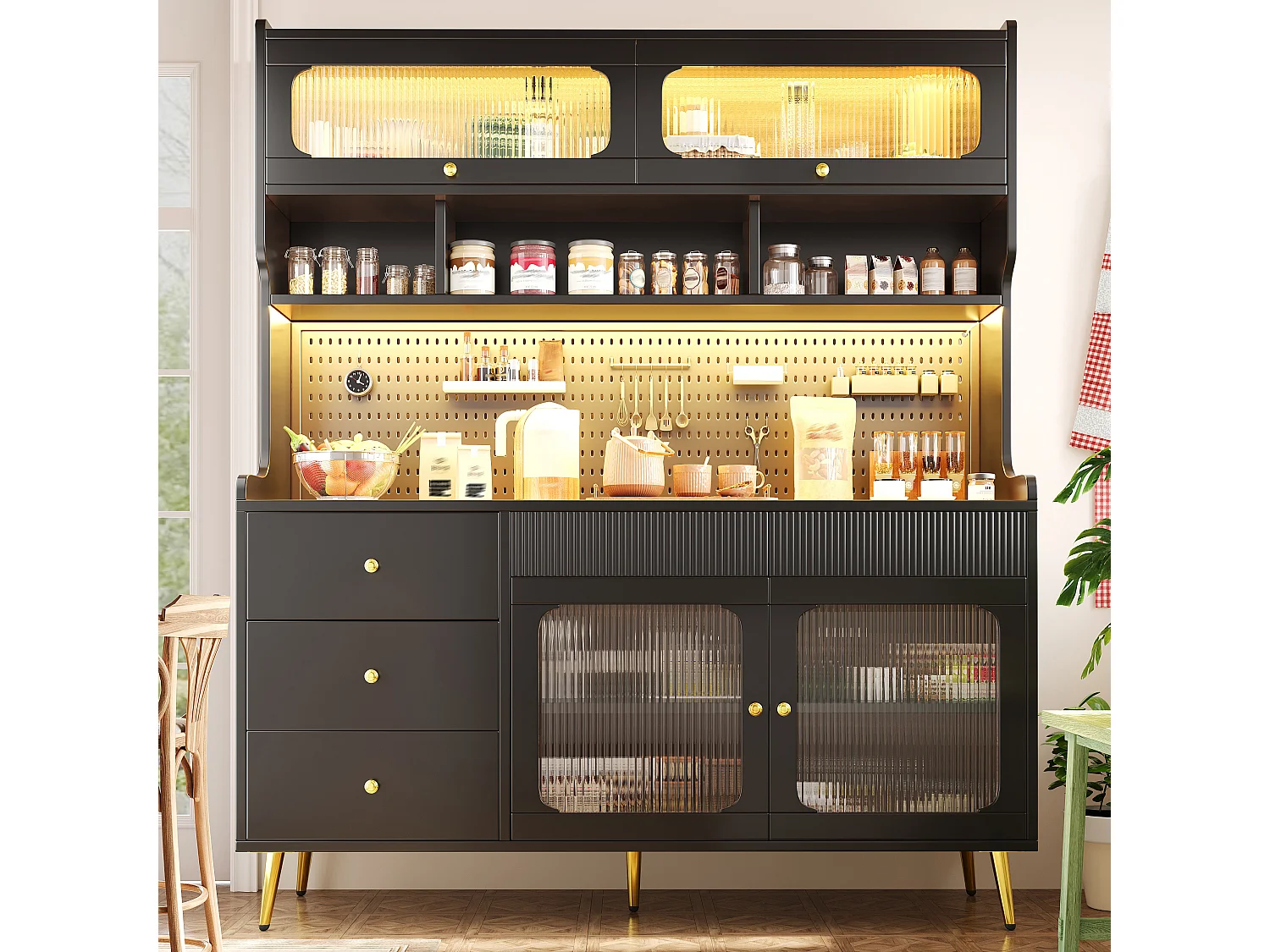 Buffet haut de cuisine avec LED, 2 portes relevables, 2 portes battantes et panneau perforé - MDF, métal et verre - 145x39x171 cm - Noir