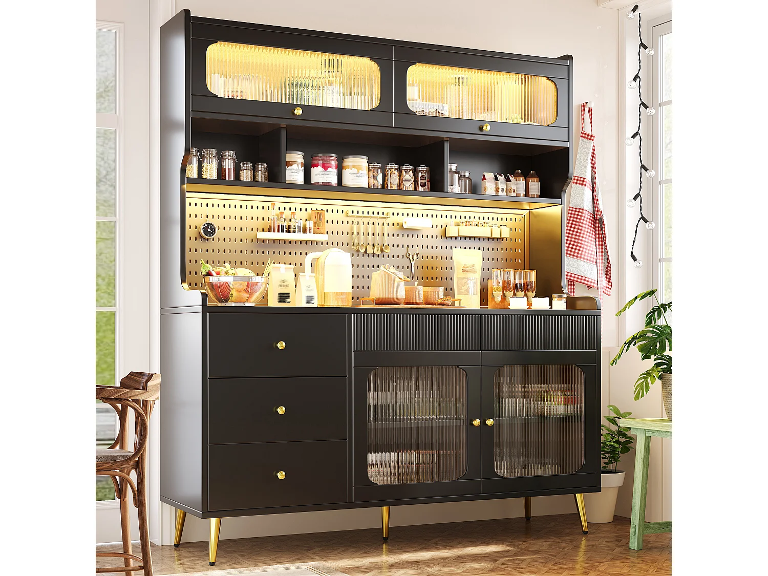 Buffet haut de cuisine avec LED, 2 portes relevables, 2 portes battantes et panneau perforé - MDF, métal et verre - 145x39x171 cm - Noir