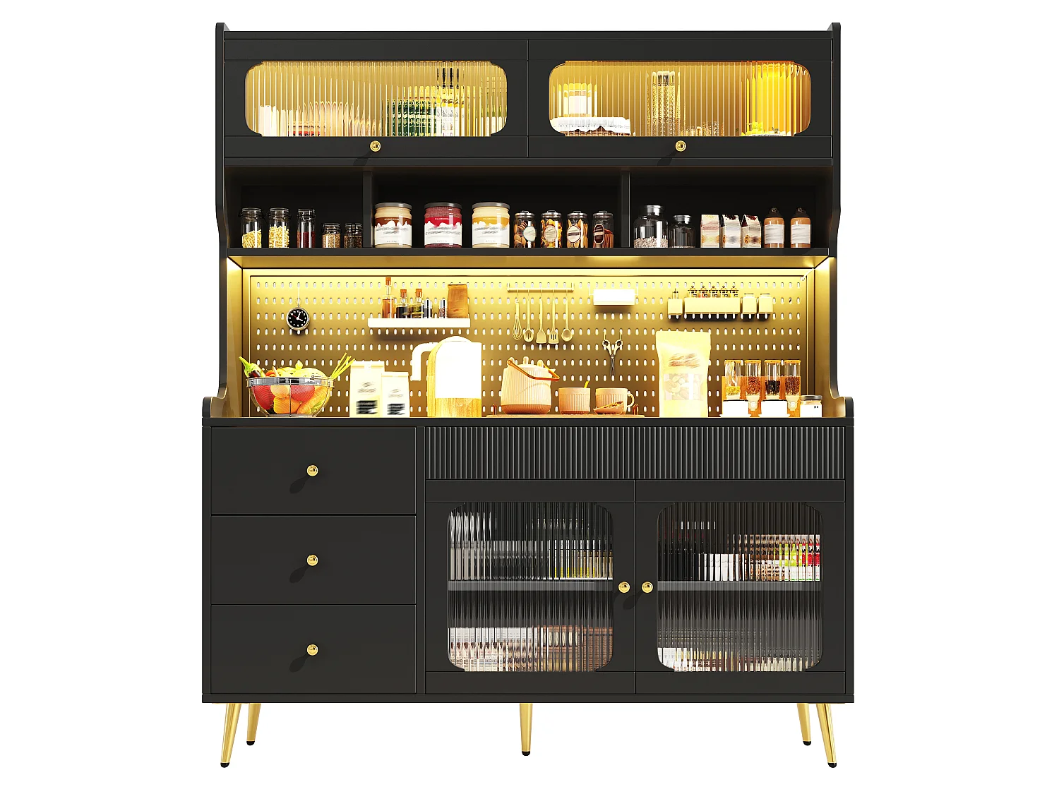 Buffet haut de cuisine avec LED, 2 portes relevables, 2 portes battantes et panneau perforé - MDF, métal et verre - 145x39x171 cm - Noir