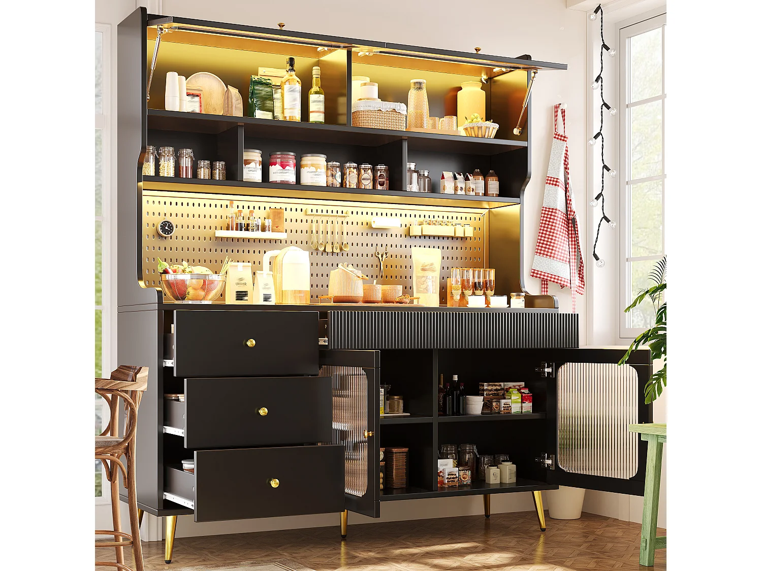 Buffet haut de cuisine avec LED, 2 portes relevables, 2 portes battantes et panneau perforé - MDF, métal et verre - 145x39x171 cm - Noir