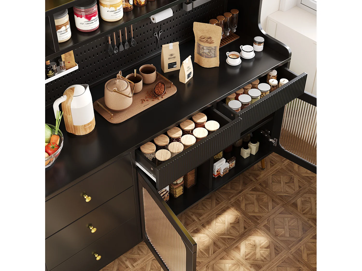 Buffet haut de cuisine avec LED, 2 portes relevables, 2 portes battantes et panneau perforé - MDF, métal et verre - 145x39x171 cm - Noir