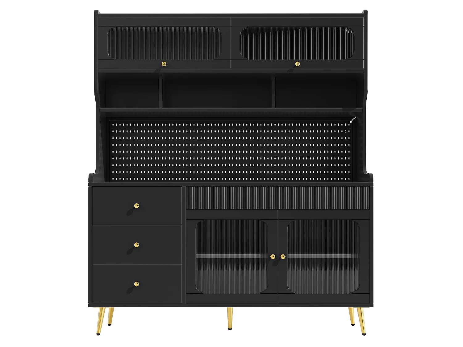 Buffet haut de cuisine avec LED, 2 portes relevables, 2 portes battantes et panneau perforé - MDF, métal et verre - 145x39x171 cm - Noir