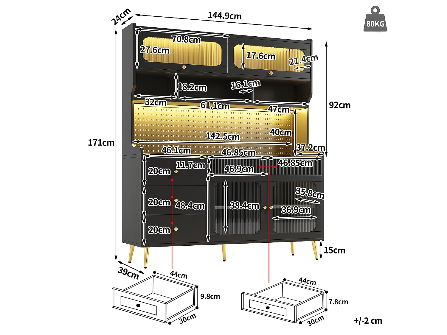 Buffet haut de cuisine avec LED, 2 portes relevables, 2 portes battantes et panneau perforé - MDF, métal et verre - 145x39x171 cm - Noir