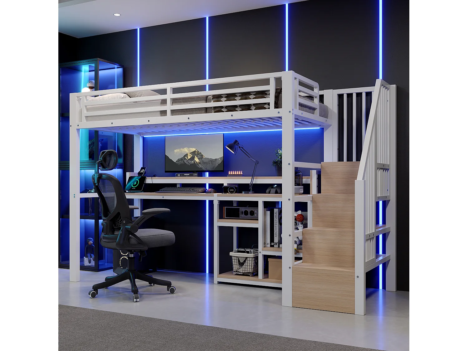 90 x 200 cm Metall-Hochbett mit Regalen, LED-Beleuchtung und USB- & Typ-C-Anschlüssen - Metall + MDF - Weiß (Matratze nicht im Lieferumfang enthalten)