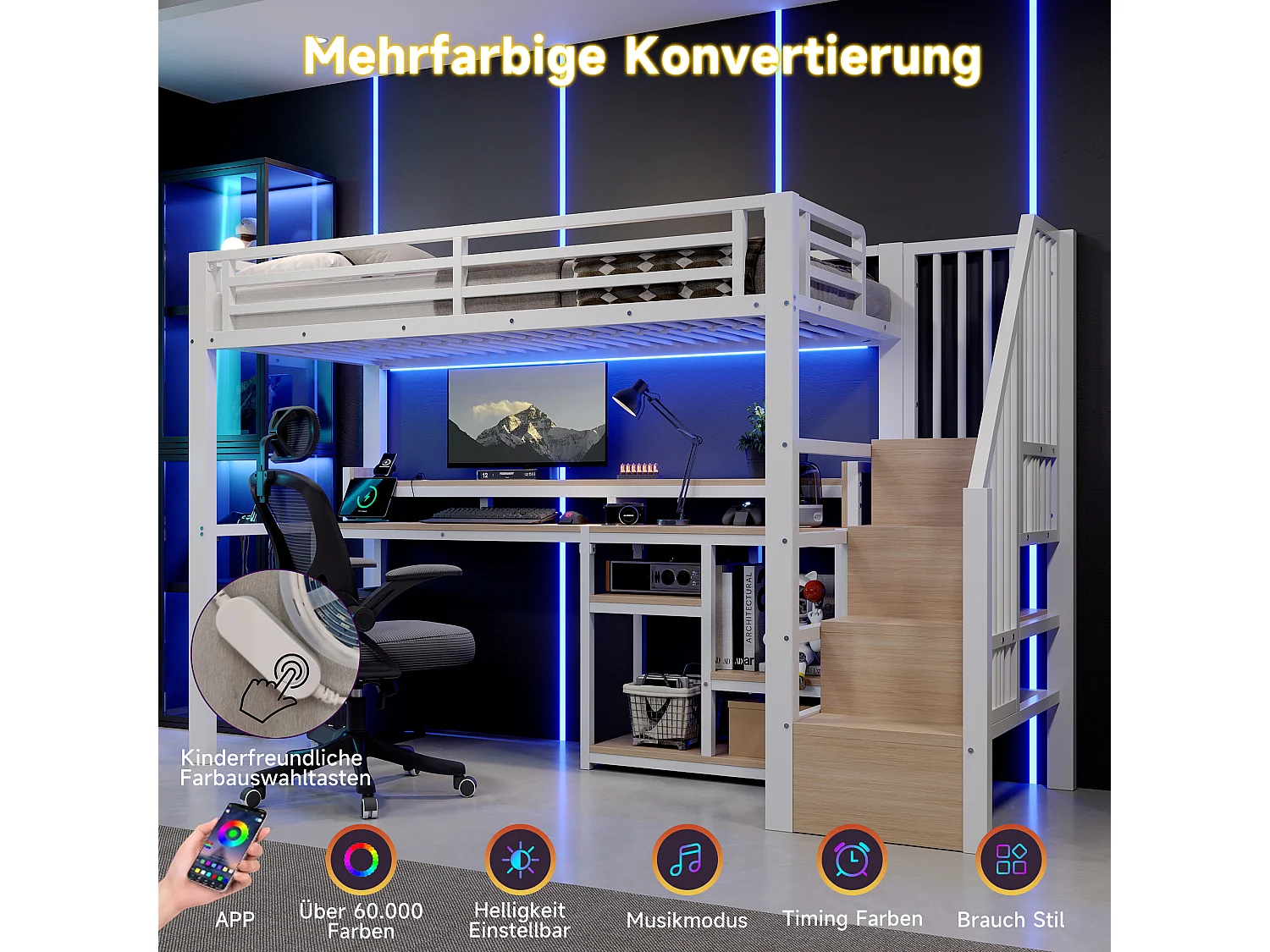 90 x 200 cm Metall-Hochbett mit Regalen, LED-Beleuchtung und USB- & Typ-C-Anschlüssen - Metall + MDF - Weiß (Matratze nicht im Lieferumfang enthalten)