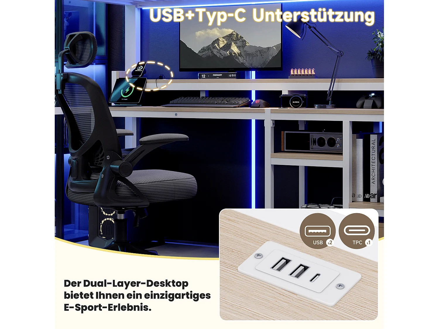 90 x 200 cm Metall-Hochbett mit Regalen, LED-Beleuchtung und USB- & Typ-C-Anschlüssen - Metall + MDF - Weiß (Matratze nicht im Lieferumfang enthalten)