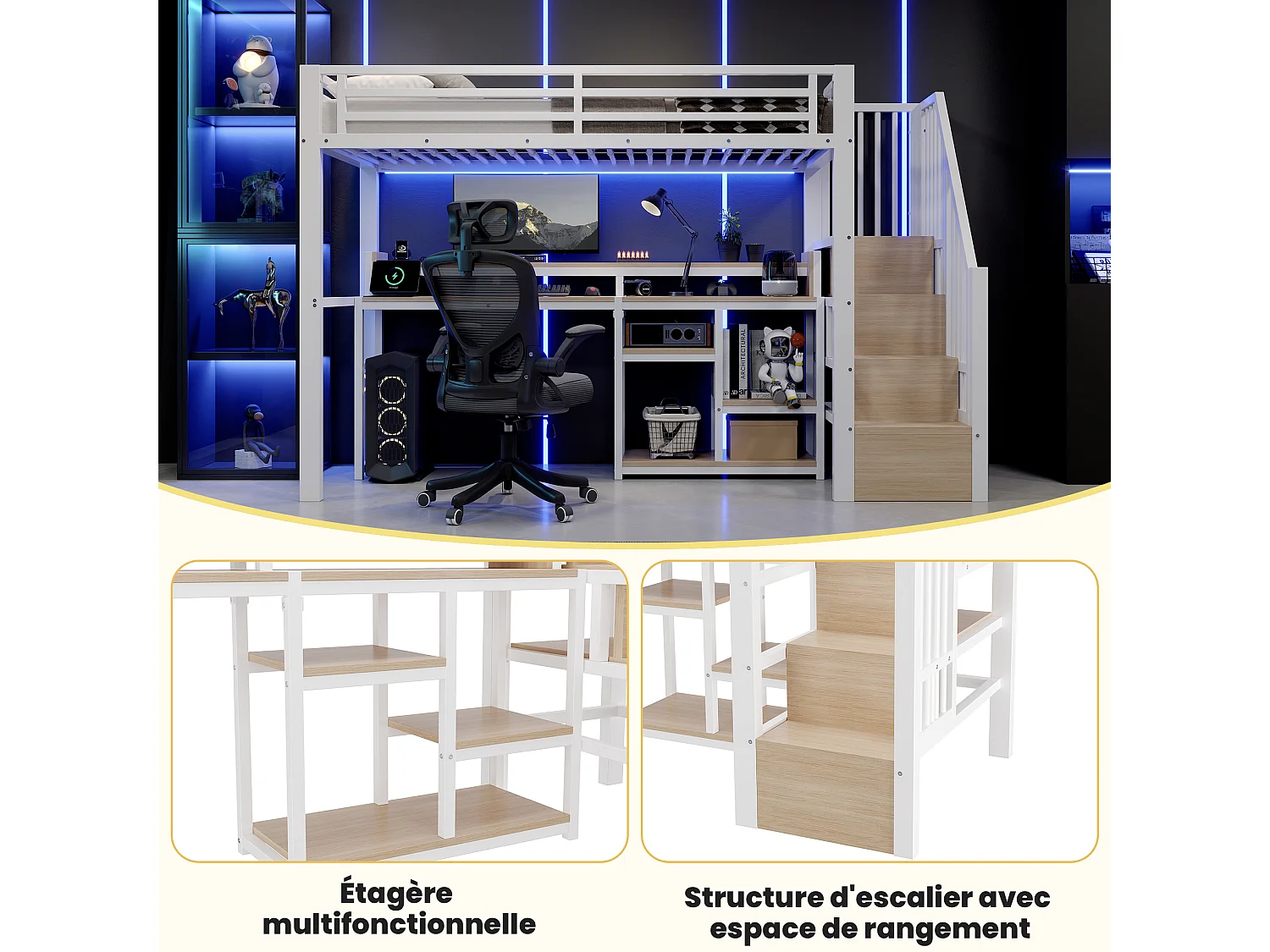 90 x 200 cm Metall-Hochbett mit Regalen, LED-Beleuchtung und USB- & Typ-C-Anschlüssen - Metall + MDF - Weiß (Matratze nicht im Lieferumfang enthalten)