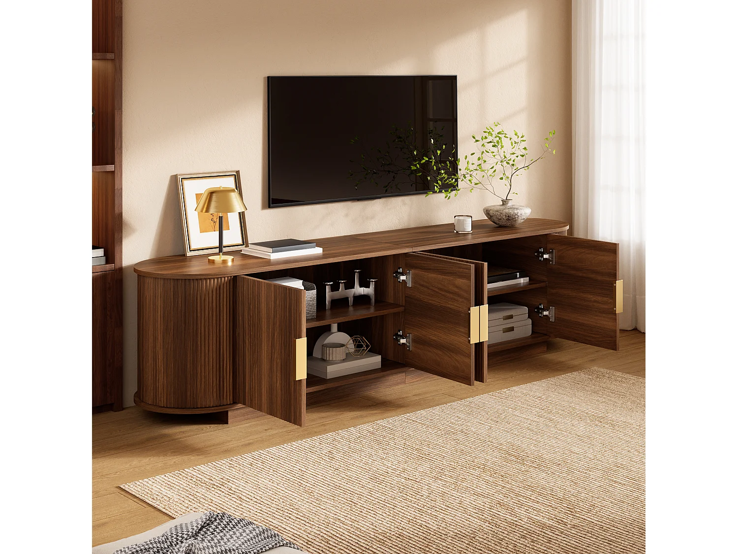 TV-bord med 4 døre og rigelig opbevaringsplads – 180 x 35 x 50 cm – Spånplade og MDF – Valnød