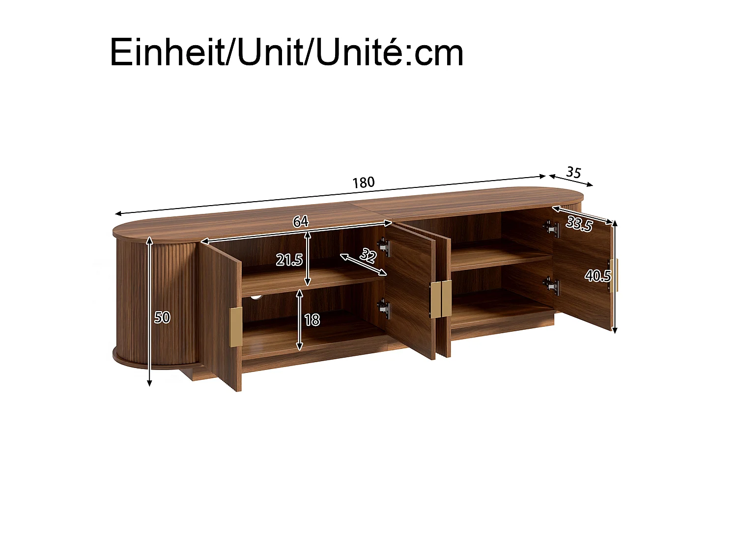 TV-bord med 4 døre og rigelig opbevaringsplads – 180 x 35 x 50 cm – Spånplade og MDF – Valnød