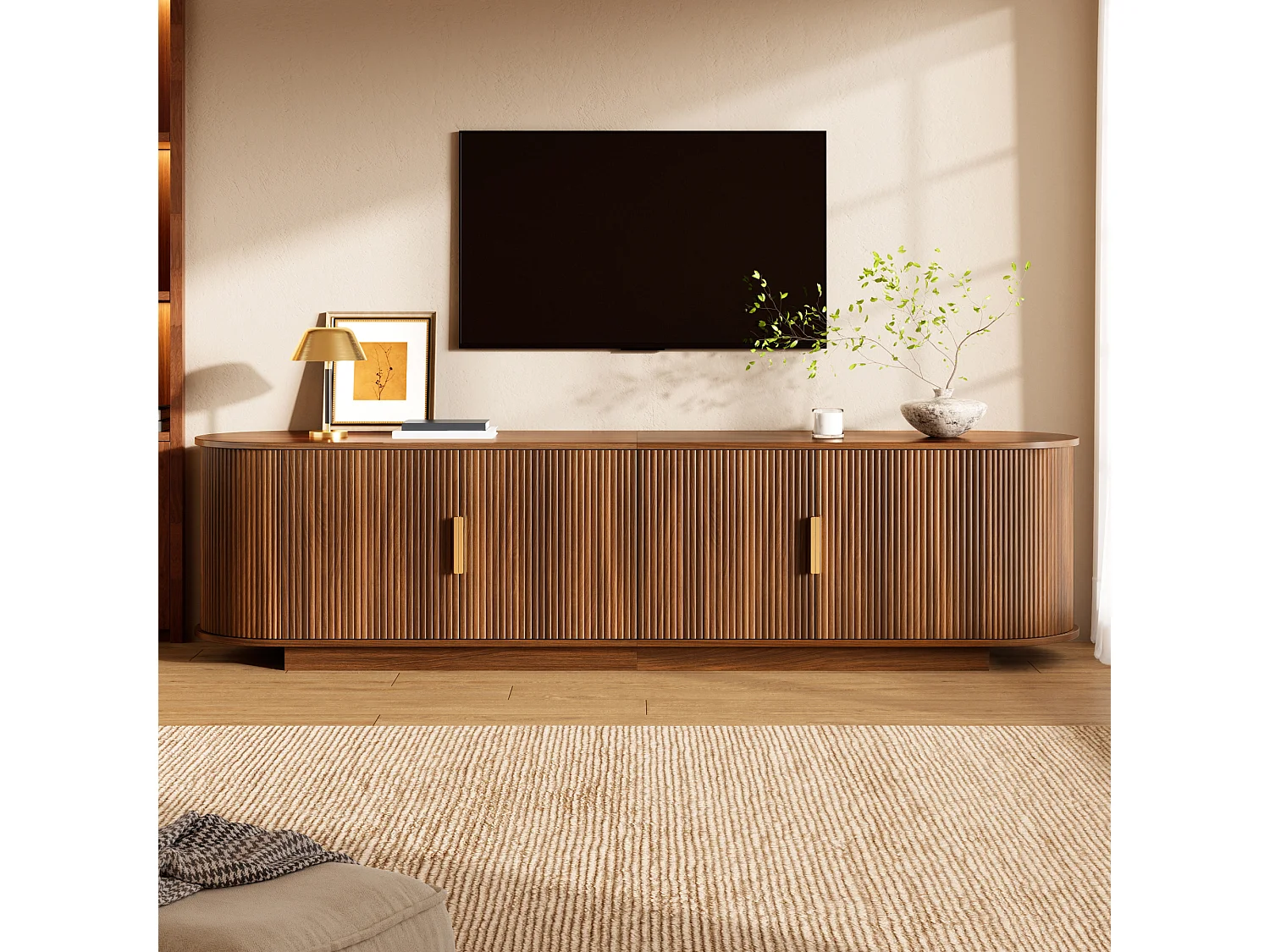TV-bord med 4 døre og rigelig opbevaringsplads – 180 x 35 x 50 cm – Spånplade og MDF – Valnød