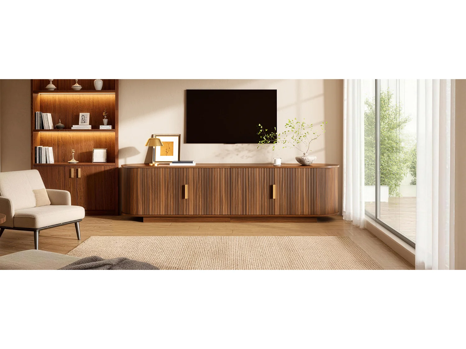TV-bord med 4 døre og rigelig opbevaringsplads – 180 x 35 x 50 cm – Spånplade og MDF – Valnød
