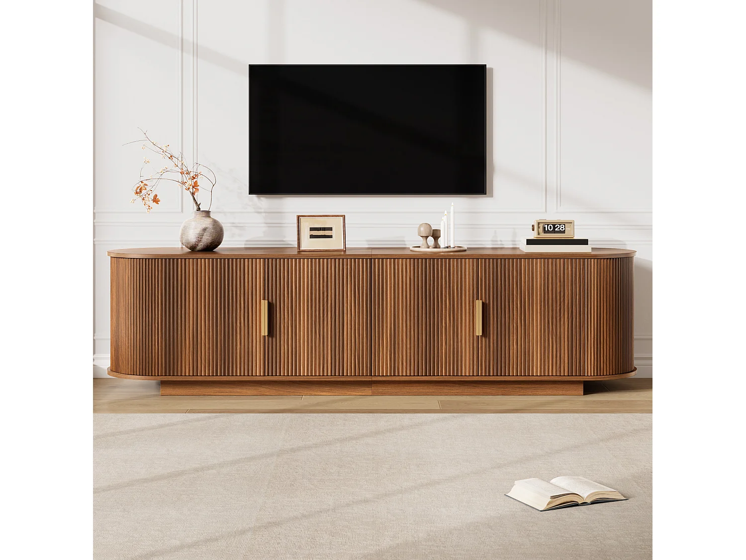 TV-bord med 4 døre og rigelig opbevaringsplads – 180 x 35 x 50 cm – Spånplade og MDF – Valnød