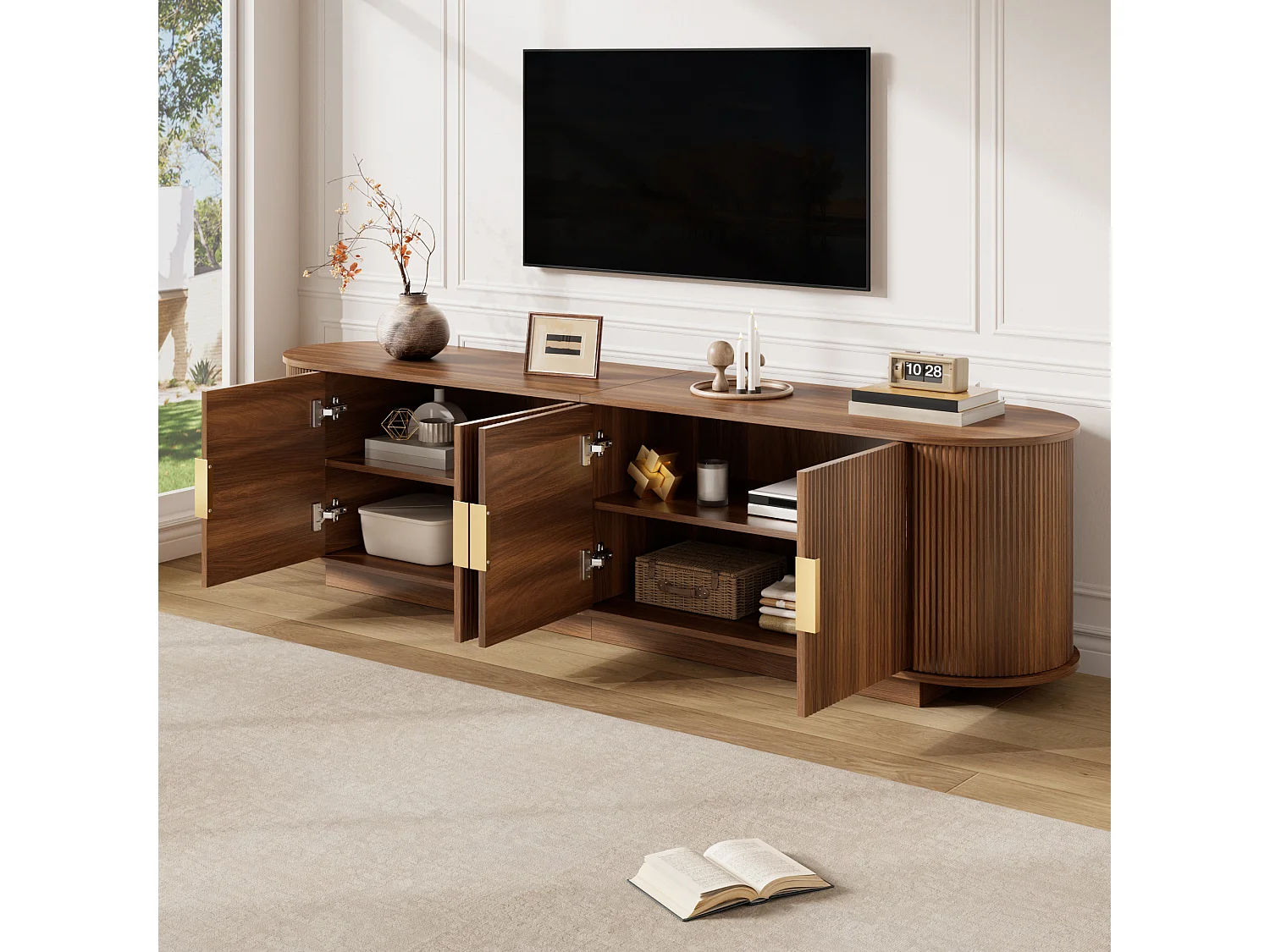 TV-bord med 4 døre og rigelig opbevaringsplads – 180 x 35 x 50 cm – Spånplade og MDF – Valnød
