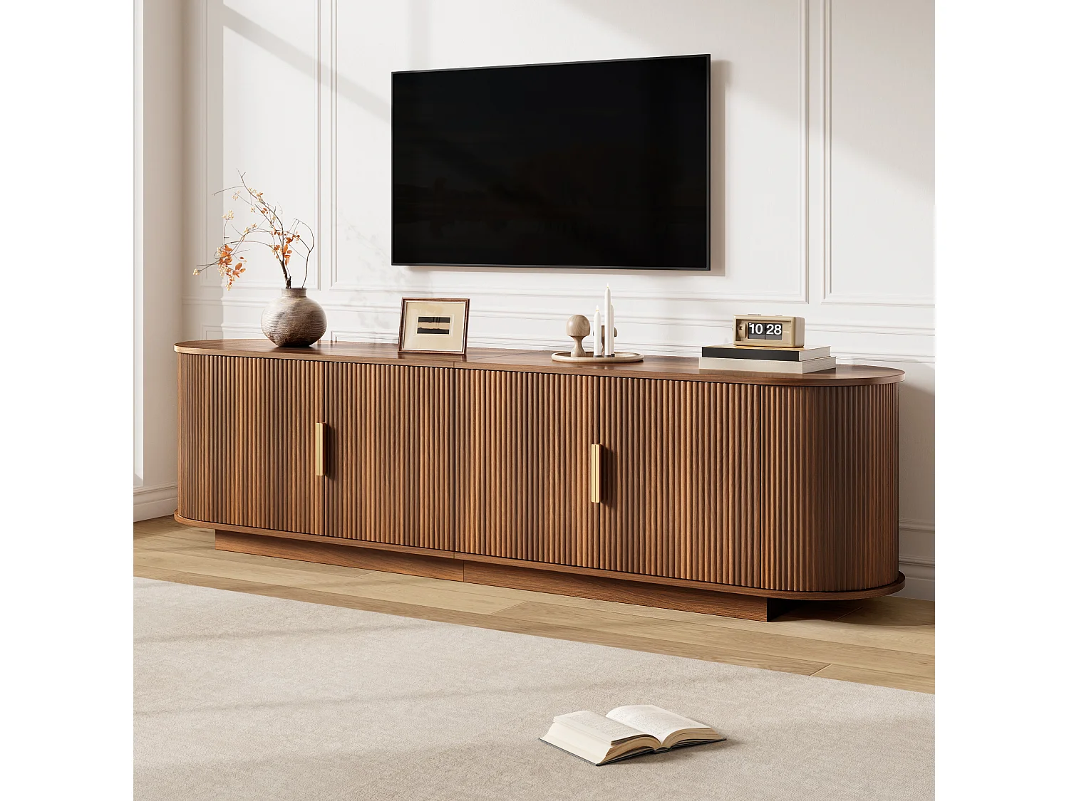 TV-bord med 4 døre og rigelig opbevaringsplads – 180 x 35 x 50 cm – Spånplade og MDF – Valnød