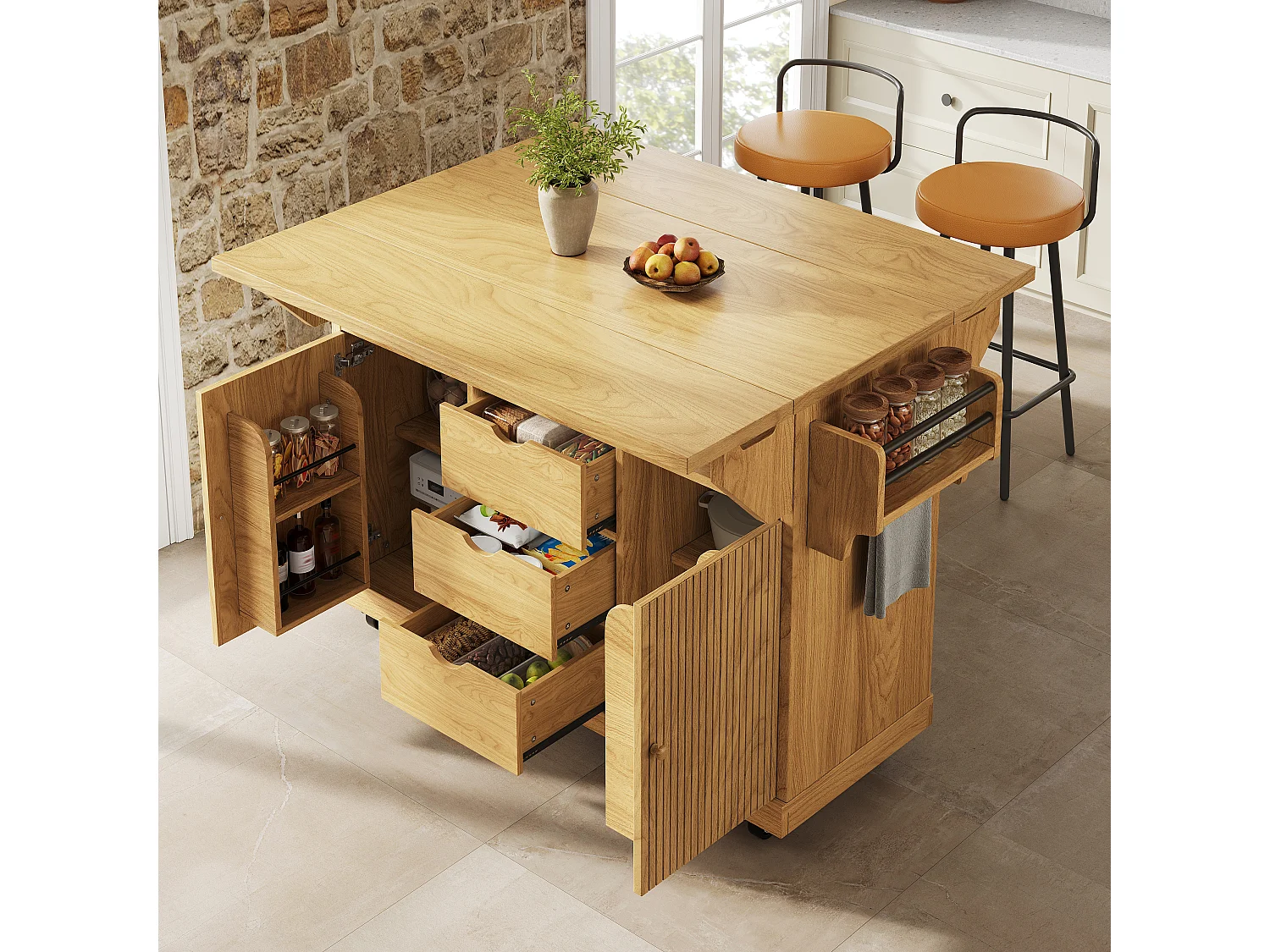 Keukentrolley met uitklapbare verlengstukken, 3 lades en vergrendelbare wielen - MDF en metaal - 142,5 × 80 × 95 cm - Naturel
