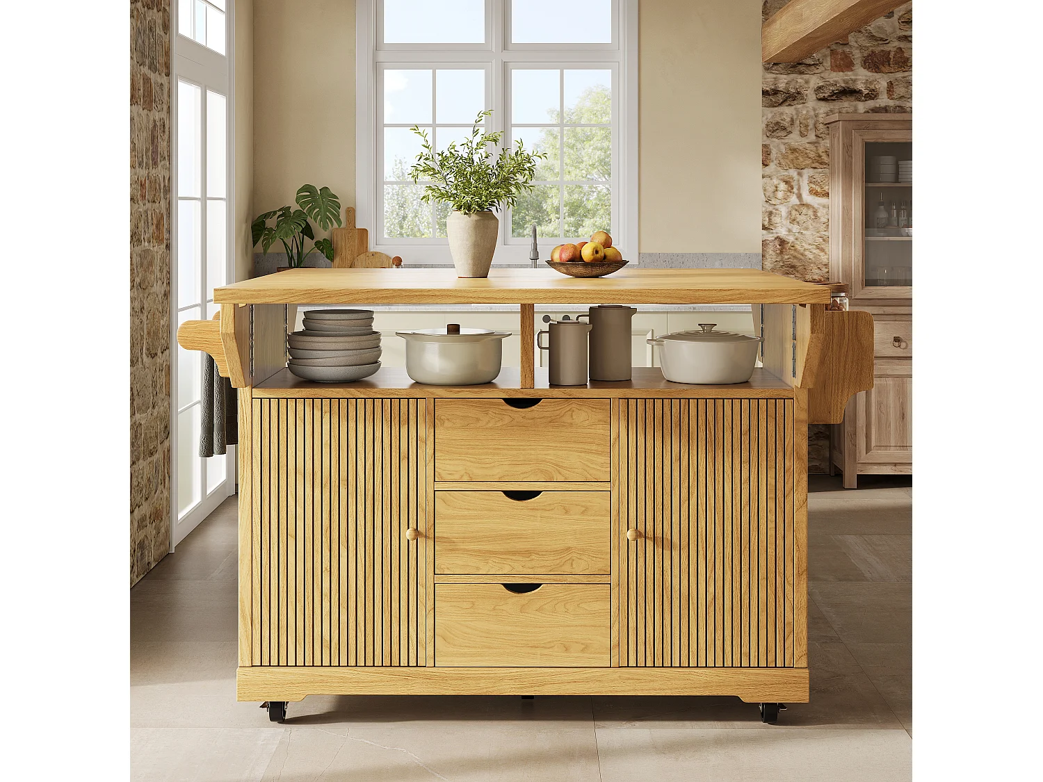 Keukentrolley met uitklapbare verlengstukken, 3 lades en vergrendelbare wielen - MDF en metaal - 142,5 × 80 × 95 cm - Naturel