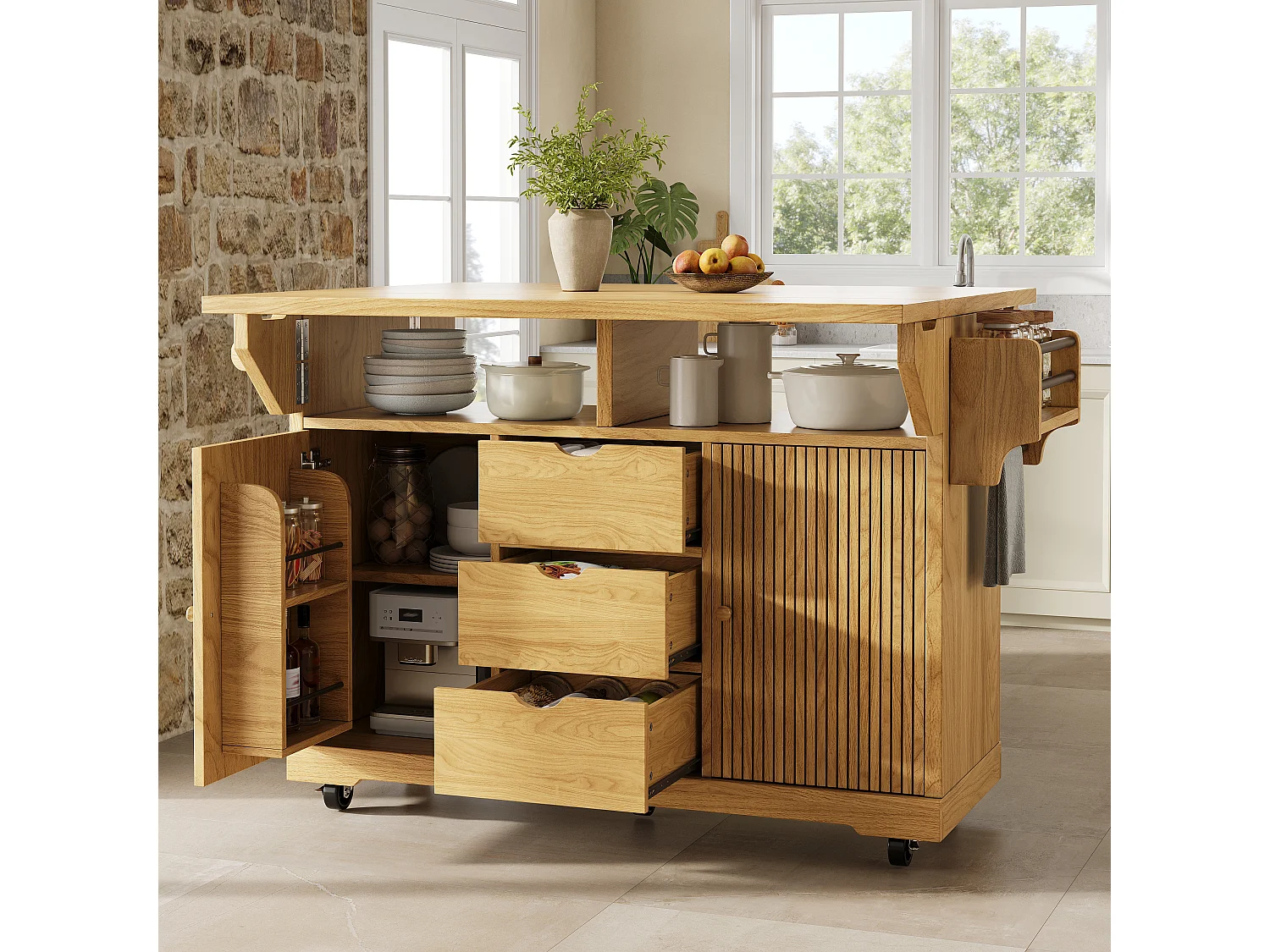Keukentrolley met uitklapbare verlengstukken, 3 lades en vergrendelbare wielen - MDF en metaal - 142,5 × 80 × 95 cm - Naturel