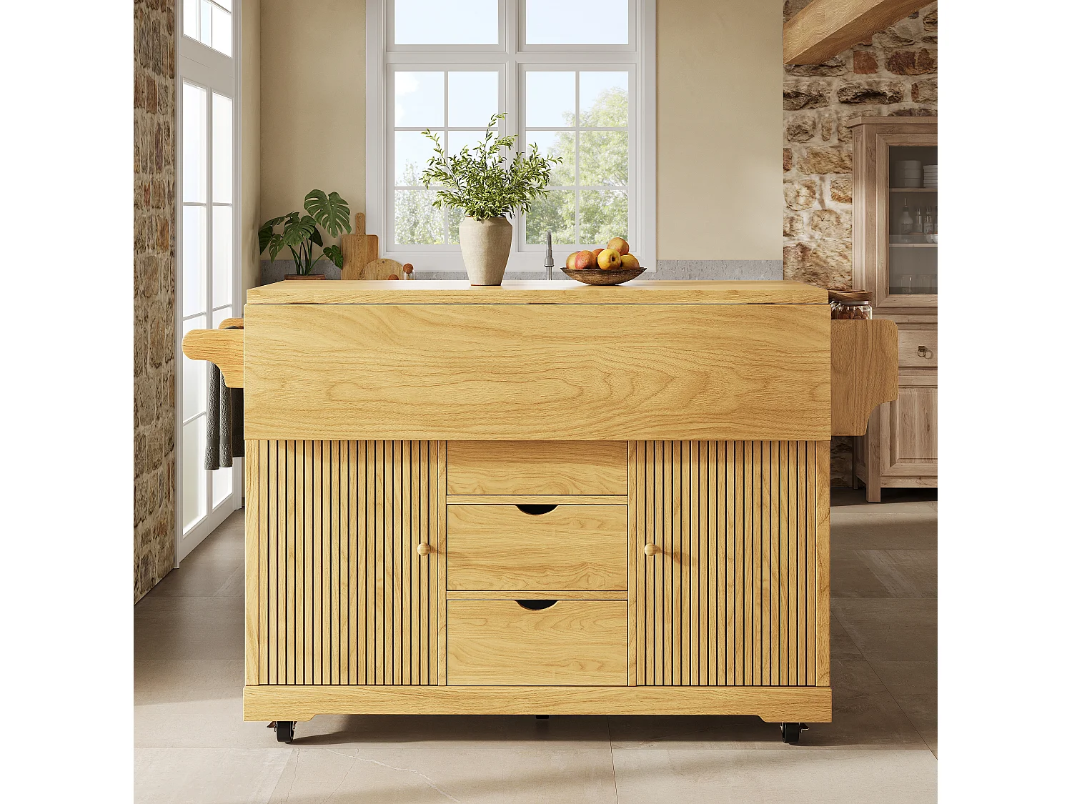 Keukentrolley met uitklapbare verlengstukken, 3 lades en vergrendelbare wielen - MDF en metaal - 142,5 × 80 × 95 cm - Naturel