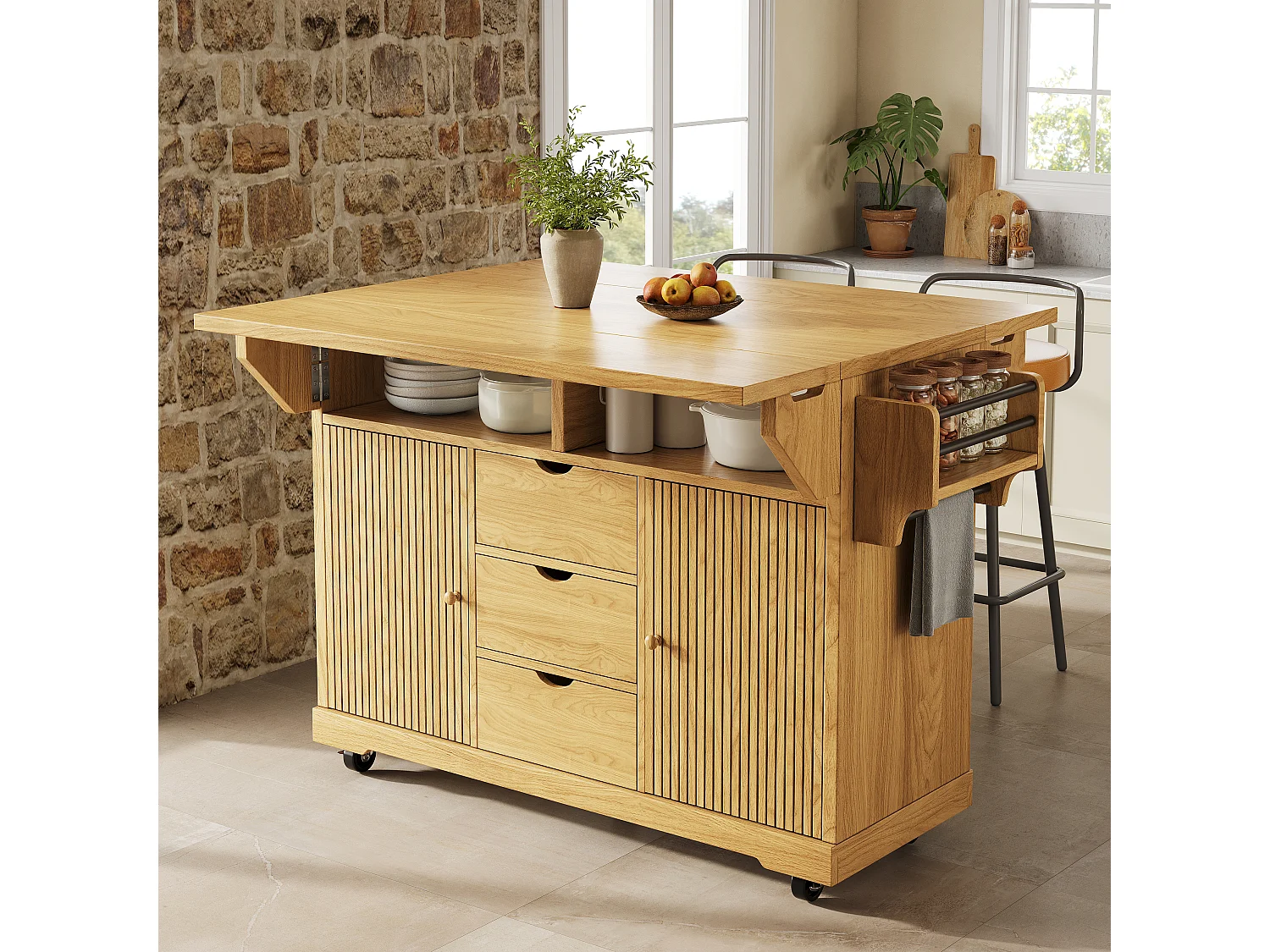 Keukentrolley met uitklapbare verlengstukken, 3 lades en vergrendelbare wielen - MDF en metaal - 142,5 × 80 × 95 cm - Naturel