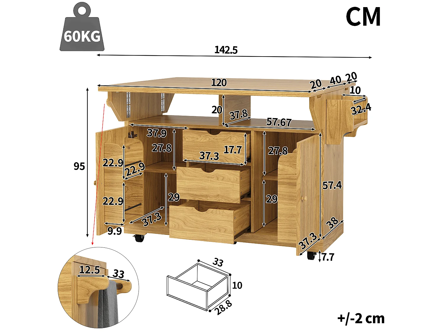 Keukentrolley met uitklapbare verlengstukken, 3 lades en vergrendelbare wielen - MDF en metaal - 142,5 × 80 × 95 cm - Naturel