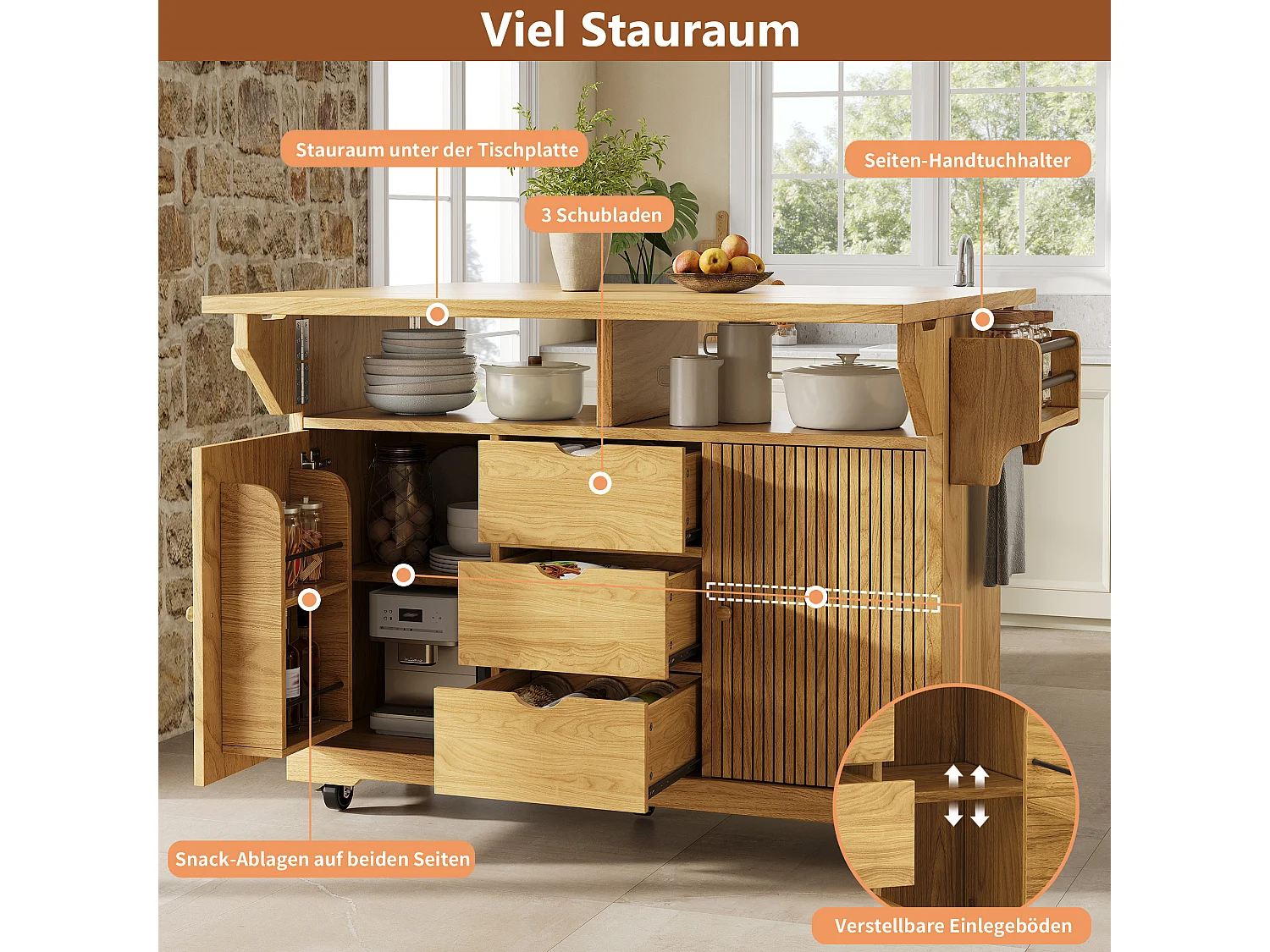 Keukentrolley met uitklapbare verlengstukken, 3 lades en vergrendelbare wielen - MDF en metaal - 142,5 × 80 × 95 cm - Naturel