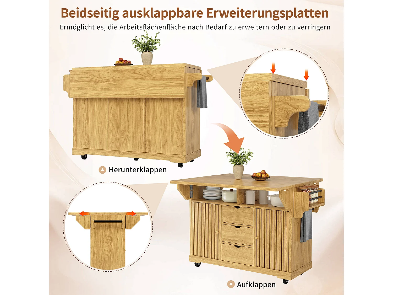 Keukentrolley met uitklapbare verlengstukken, 3 lades en vergrendelbare wielen - MDF en metaal - 142,5 × 80 × 95 cm - Naturel