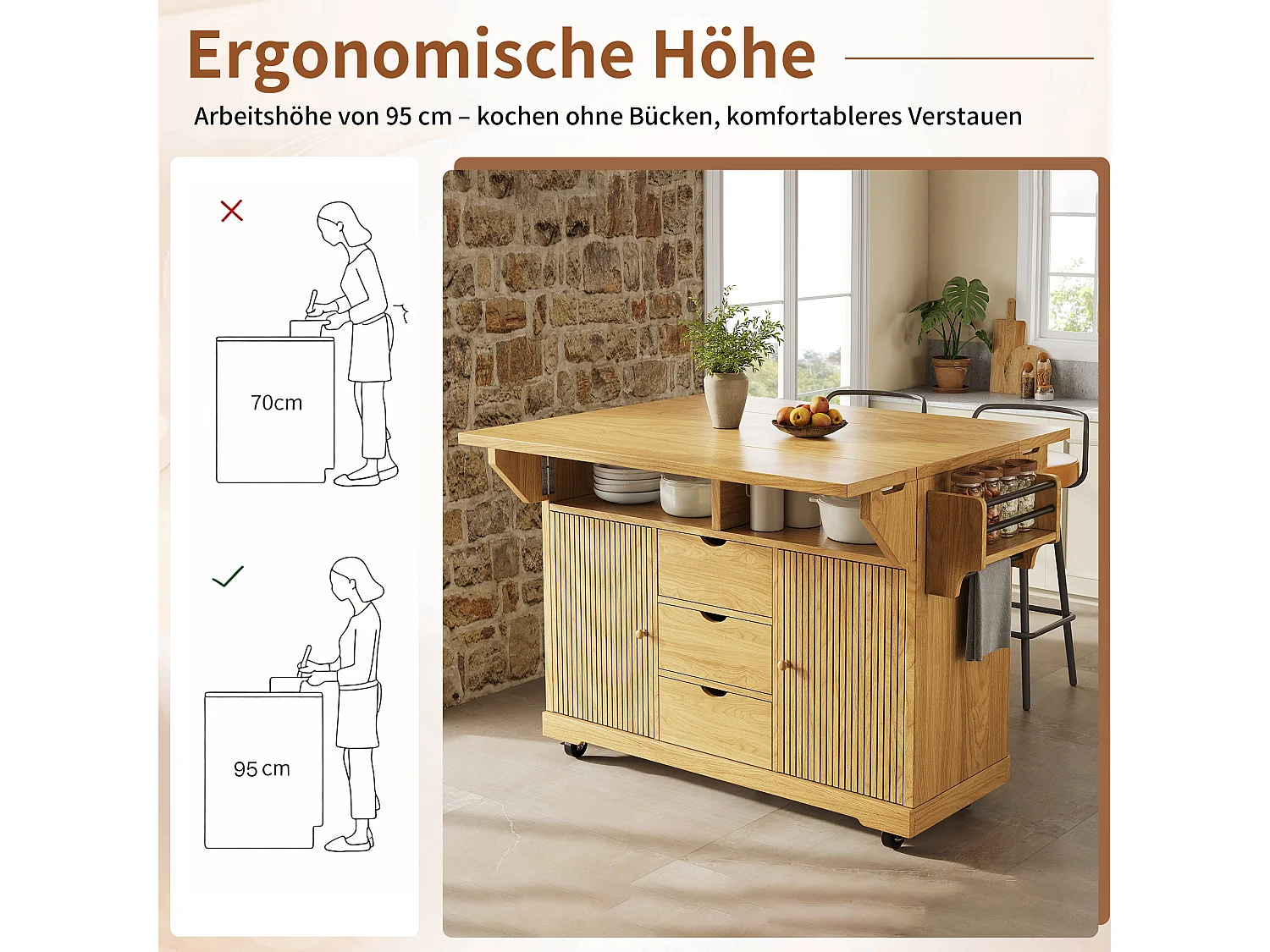Keukentrolley met uitklapbare verlengstukken, 3 lades en vergrendelbare wielen - MDF en metaal - 142,5 × 80 × 95 cm - Naturel