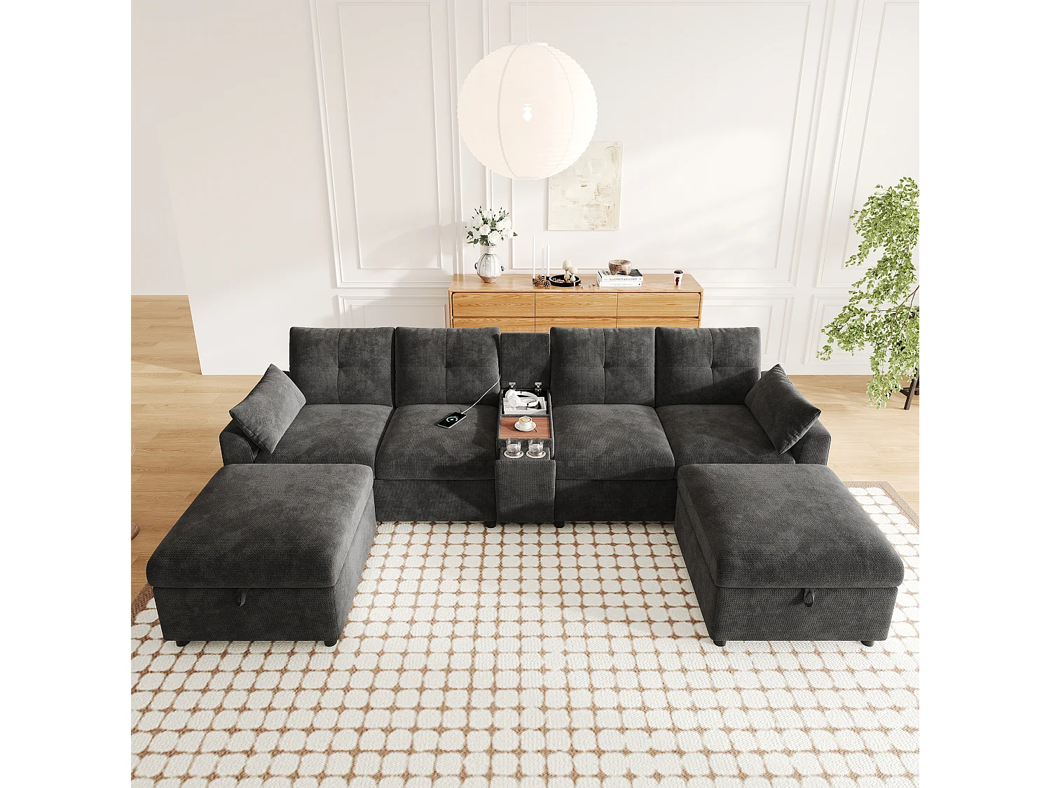 Canapé d'angle avec méridienne réversible, coffre de rangement, ports USB et accoudoirs avec poches - Tissu - 230 x 160 x 85 cm - Gris
