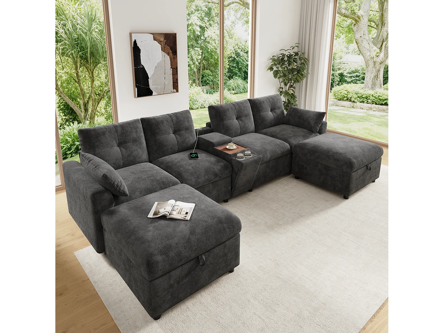 Canapé d'angle avec méridienne réversible, coffre de rangement, ports USB et accoudoirs avec poches - Tissu - 230 x 160 x 85 cm - Gris