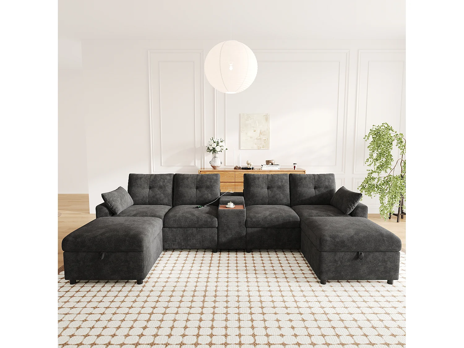 Canapé d'angle avec méridienne réversible, coffre de rangement, ports USB et accoudoirs avec poches - Tissu - 230 x 160 x 85 cm - Gris