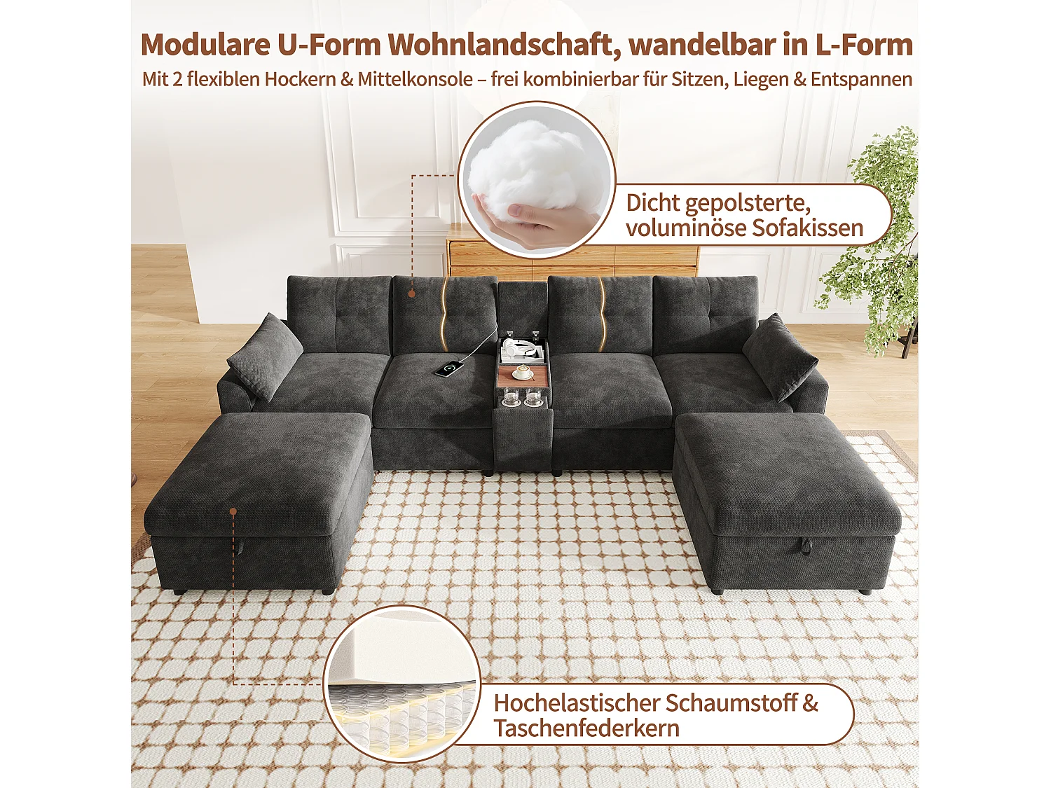 Canapé d'angle avec méridienne réversible, coffre de rangement, ports USB et accoudoirs avec poches - Tissu - 230 x 160 x 85 cm - Gris