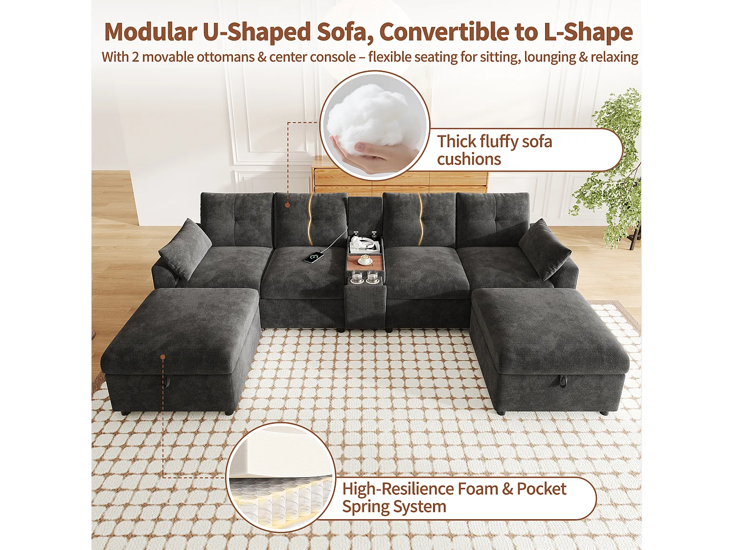 Canapé d'angle avec méridienne réversible, coffre de rangement, ports USB et accoudoirs avec poches - Tissu - 230 x 160 x 85 cm - Gris