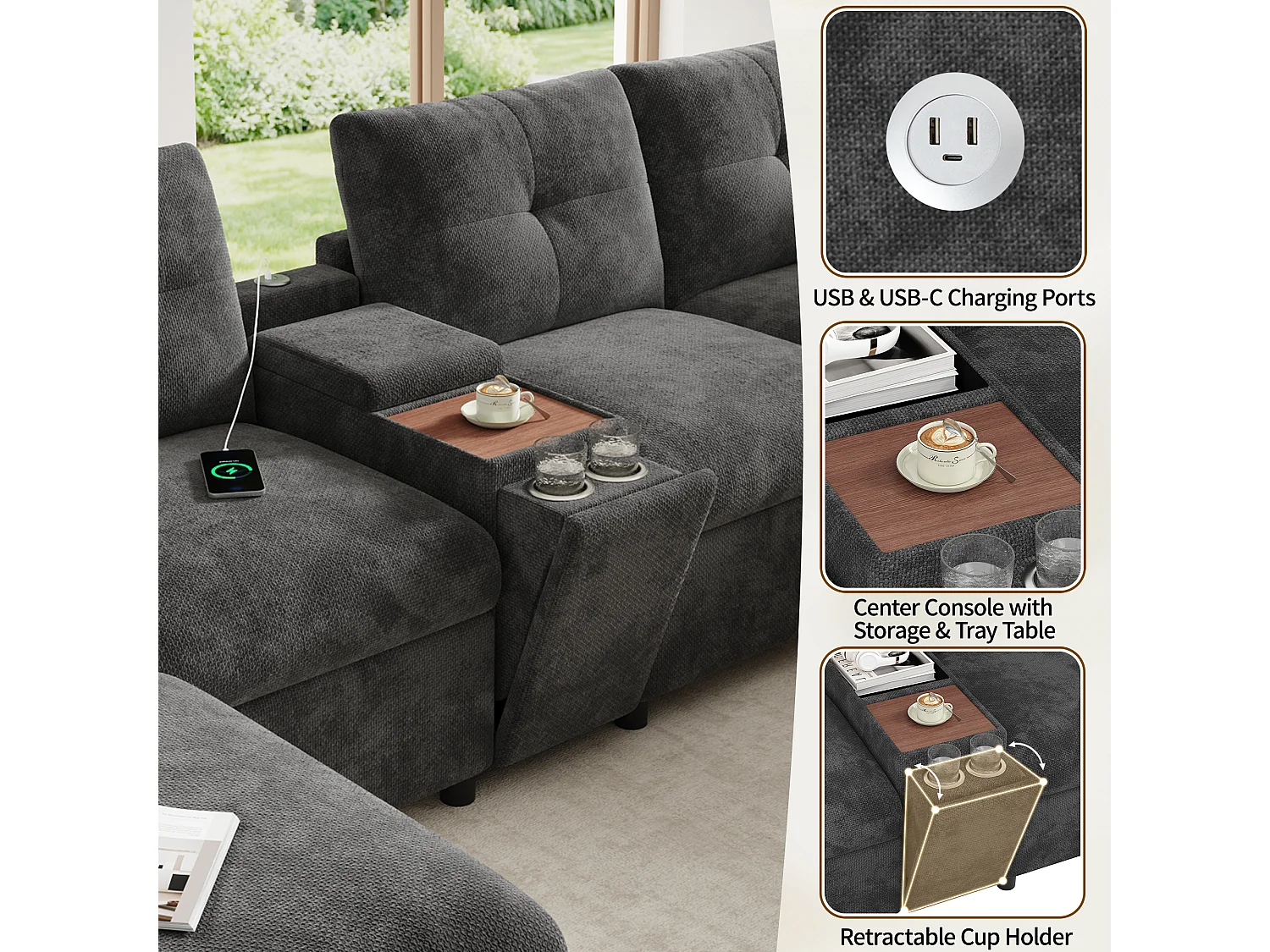 Canapé d'angle avec méridienne réversible, coffre de rangement, ports USB et accoudoirs avec poches - Tissu - 230 x 160 x 85 cm - Gris