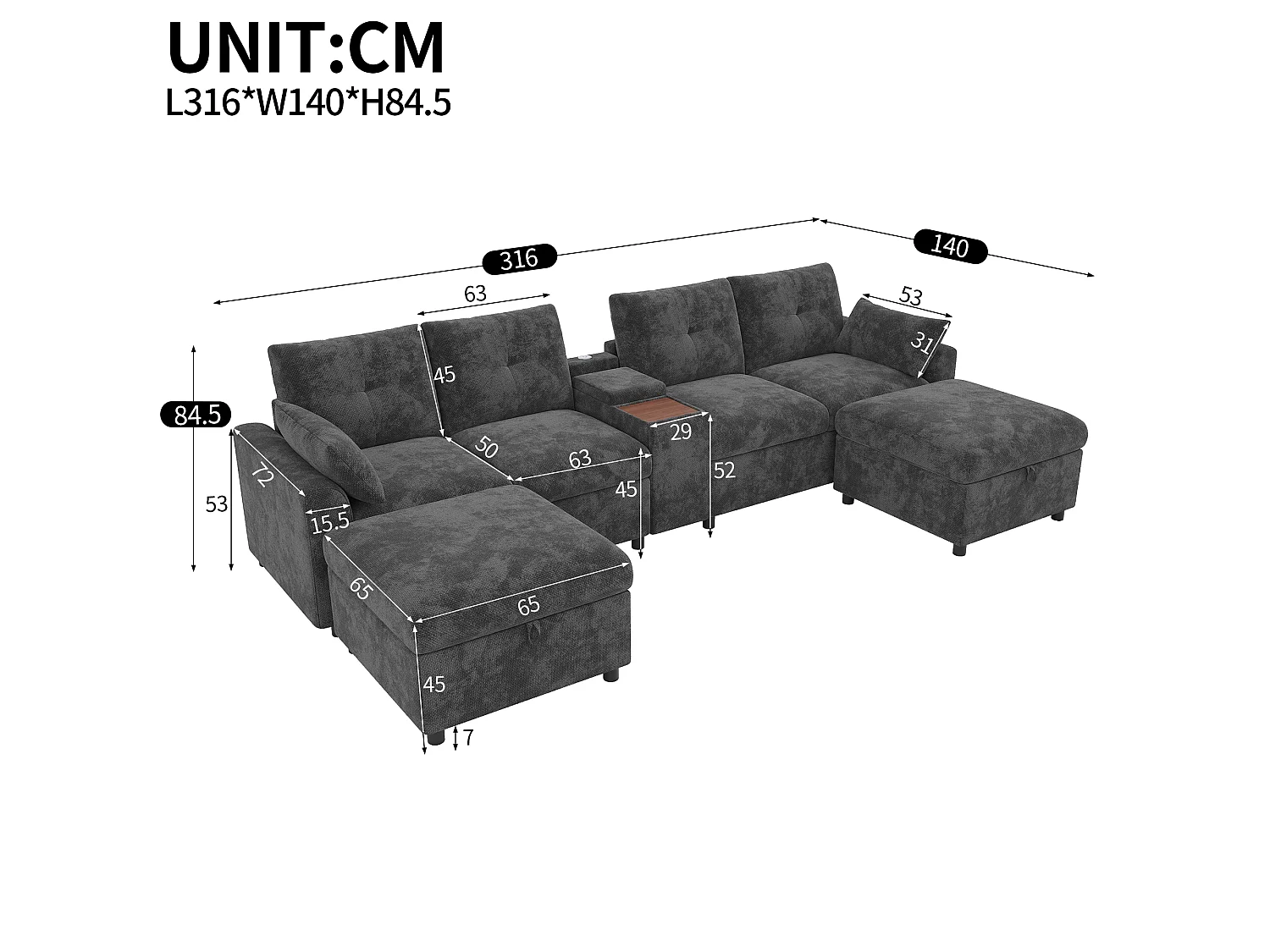 Canapé d'angle avec méridienne réversible, coffre de rangement, ports USB et accoudoirs avec poches - Tissu - 230 x 160 x 85 cm - Gris