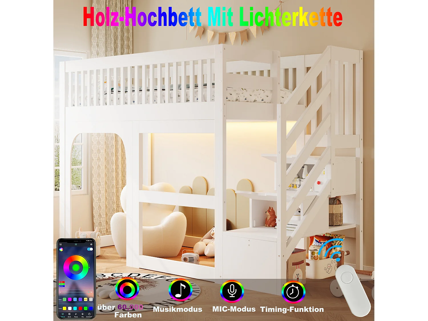 Hochbett 90 x 200 cm mit Stauraumtreppe, Spielbereich und LED-Beleuchtung - Holz - Weiß (Matratze nicht im Lieferumfang enthalten)
