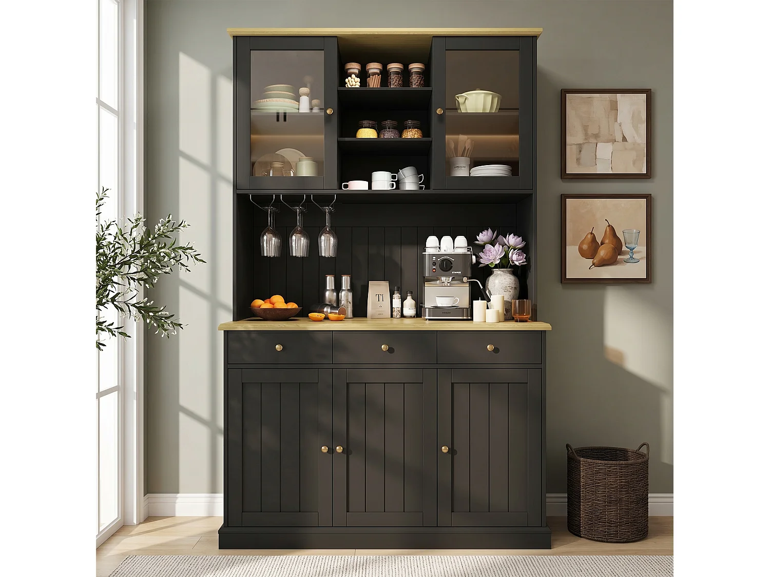 Buffet de cusine avec 5 portes et 3 tiroirs - 120 x 40 x 191 cm - Prises de charge USB et type-C - MDF - Noir