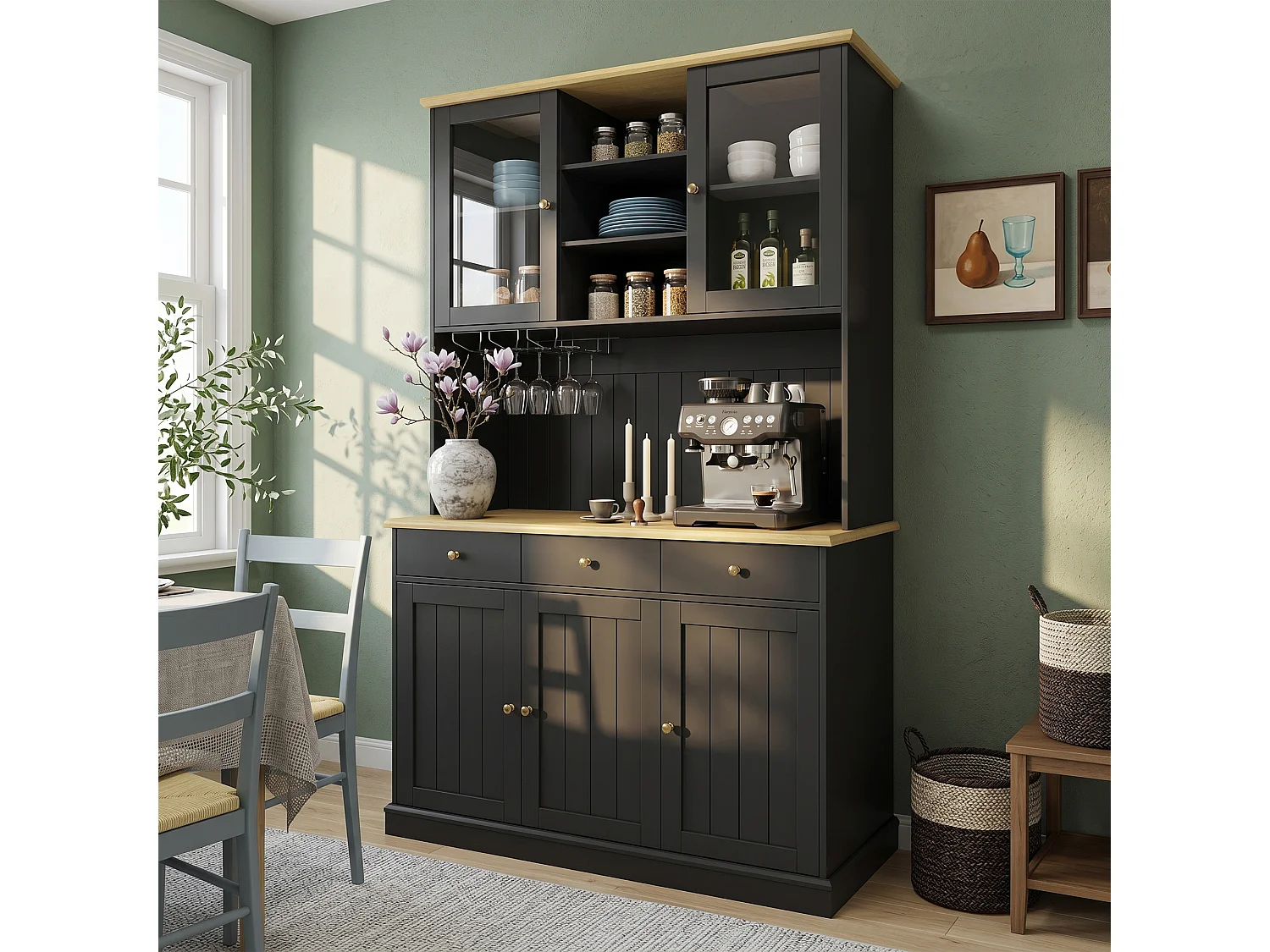 Buffet de cusine avec 5 portes et 3 tiroirs - 120 x 40 x 191 cm - Prises de charge USB et type-C - MDF - Noir
