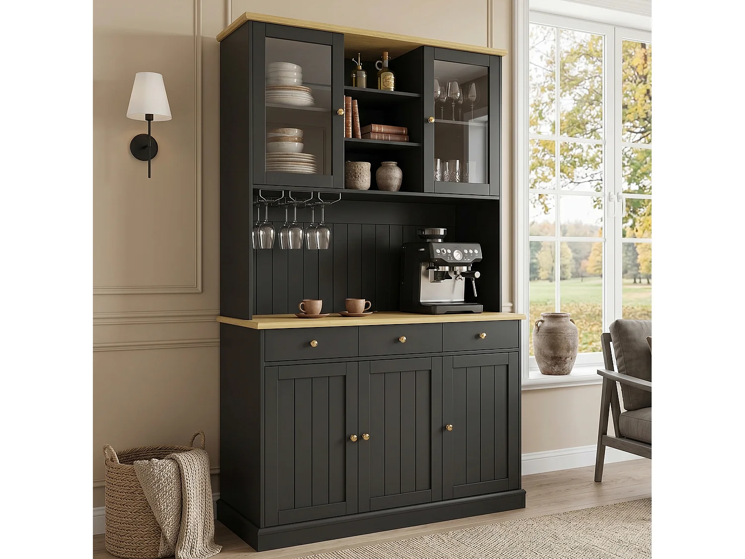Buffet de cusine avec 5 portes et 3 tiroirs - 120 x 40 x 191 cm - Prises de charge USB et type-C - MDF - Noir