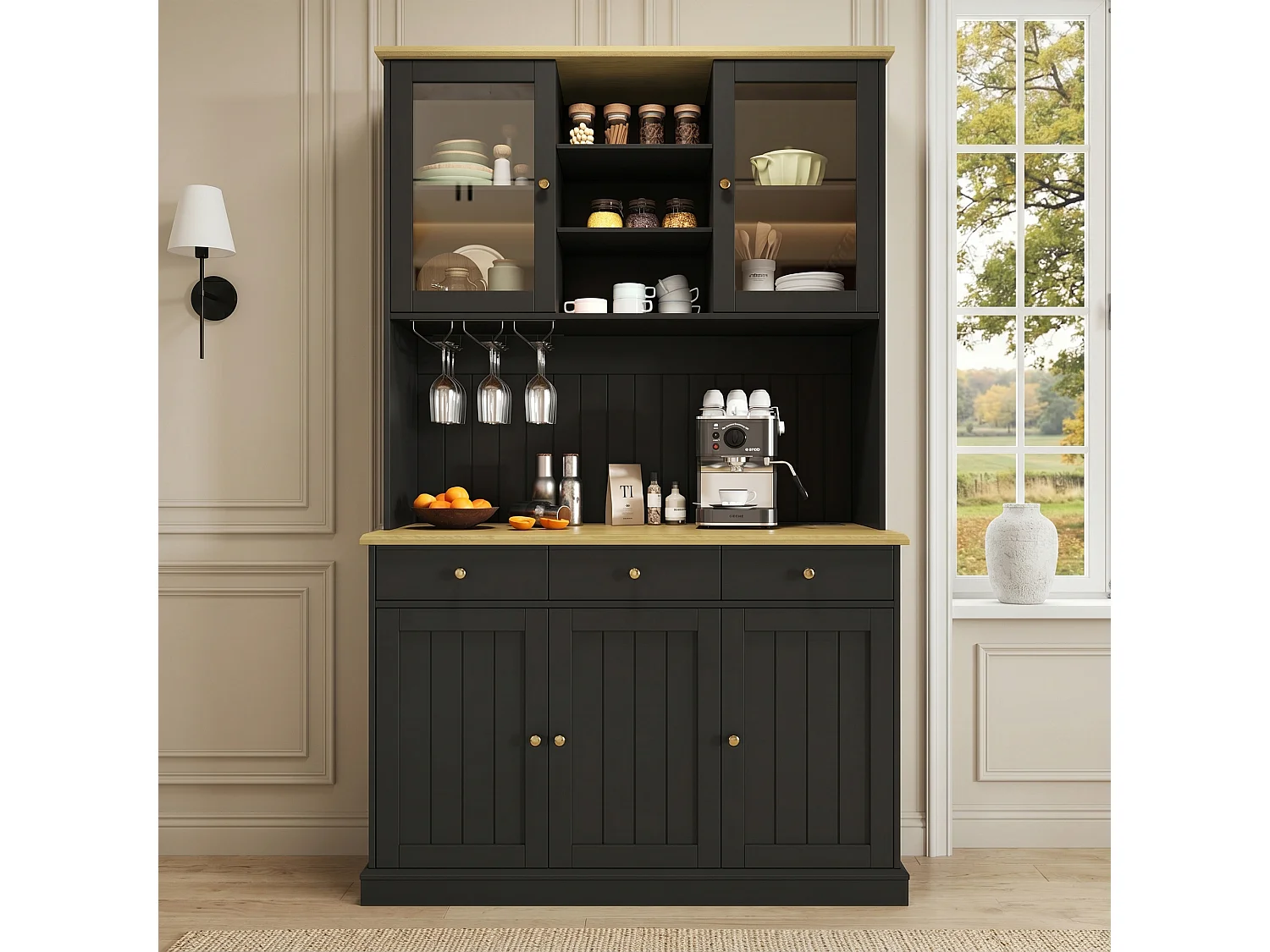 Buffet de cusine avec 5 portes et 3 tiroirs - 120 x 40 x 191 cm - Prises de charge USB et type-C - MDF - Noir