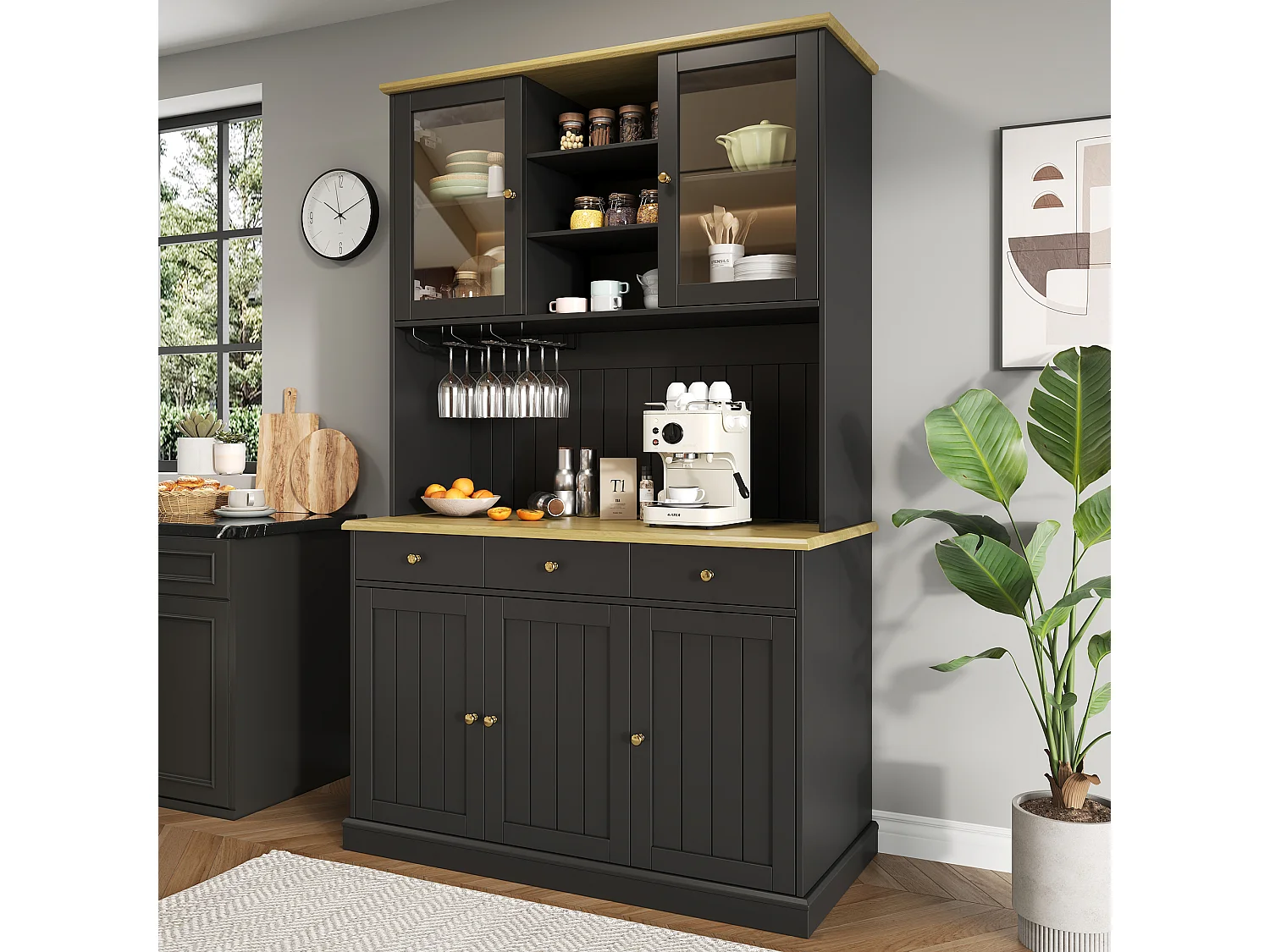 Buffet de cusine avec 5 portes et 3 tiroirs - 120 x 40 x 191 cm - Prises de charge USB et type-C - MDF - Noir