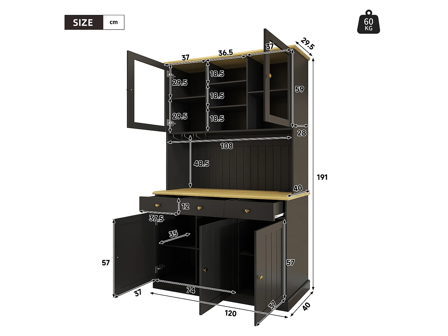 Buffet de cusine avec 5 portes et 3 tiroirs - 120 x 40 x 191 cm - Prises de charge USB et type-C - MDF - Noir
