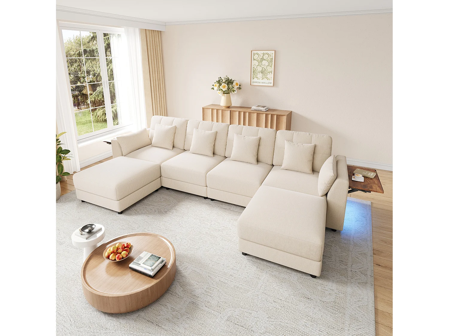 Divano angolare modulare a 6 posti con 2 pouf removibili, illuminazione a LED e tavolino laterale a scomparsa - Ciniglia - 292 x 135 x 82 cm - Beige