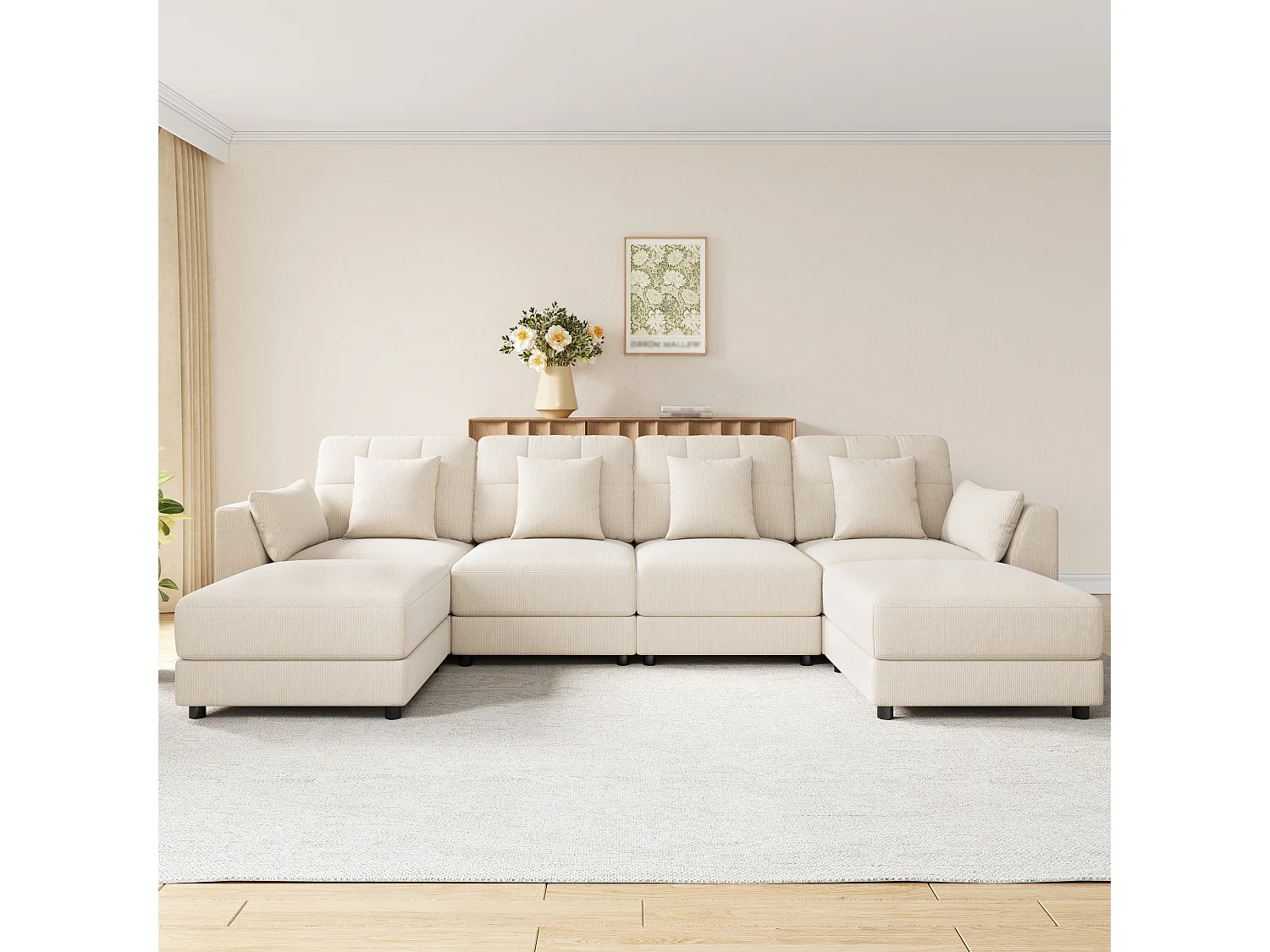 Divano angolare modulare a 6 posti con 2 pouf removibili, illuminazione a LED e tavolino laterale a scomparsa - Ciniglia - 292 x 135 x 82 cm - Beige