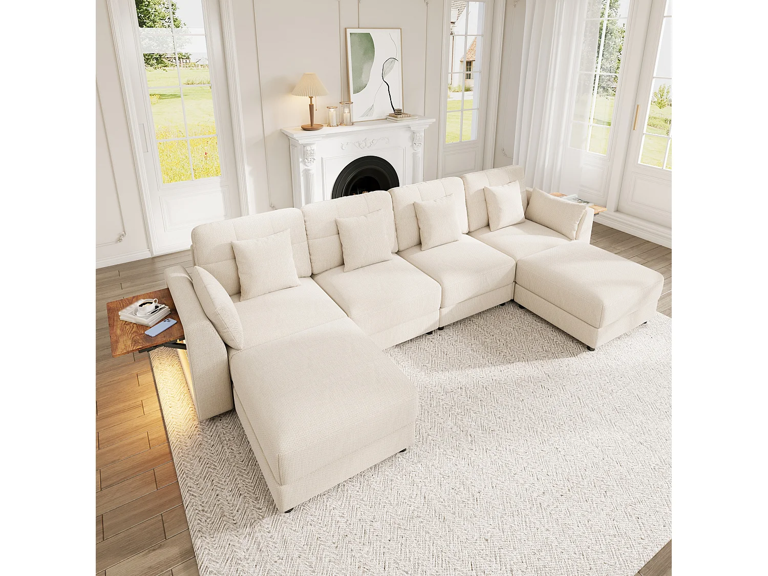 Divano angolare modulare a 6 posti con 2 pouf removibili, illuminazione a LED e tavolino laterale a scomparsa - Ciniglia - 292 x 135 x 82 cm - Beige