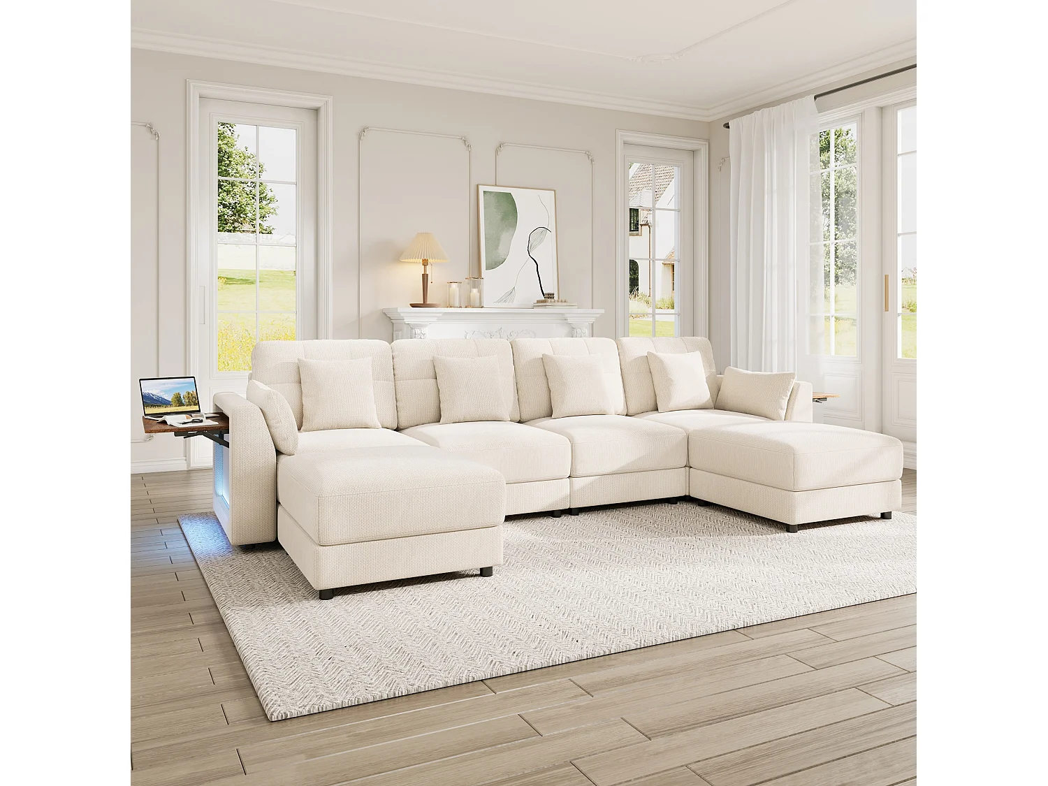 Divano angolare modulare a 6 posti con 2 pouf removibili, illuminazione a LED e tavolino laterale a scomparsa - Ciniglia - 292 x 135 x 82 cm - Beige