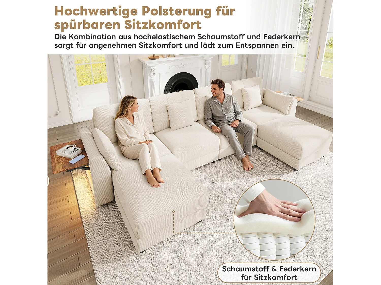 Divano angolare modulare a 6 posti con 2 pouf removibili, illuminazione a LED e tavolino laterale a scomparsa - Ciniglia - 292 x 135 x 82 cm - Beige