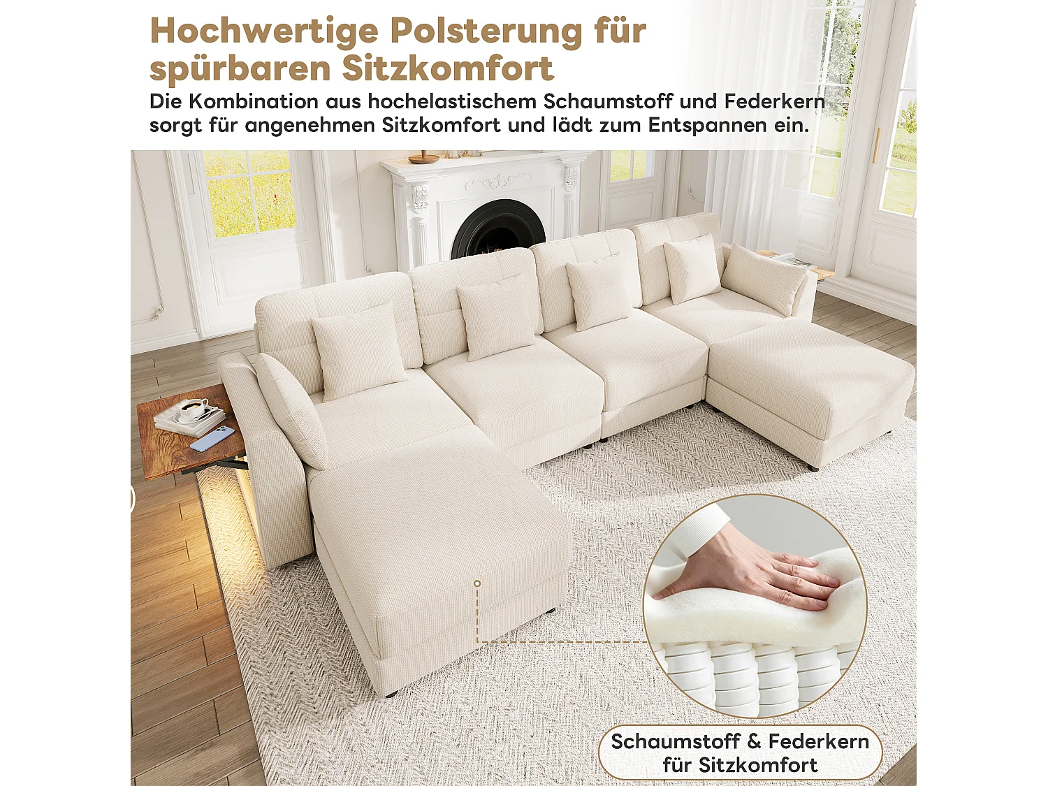 Divano angolare modulare a 6 posti con 2 pouf removibili, illuminazione a LED e tavolino laterale a scomparsa - Ciniglia - 292 x 135 x 82 cm - Beige
